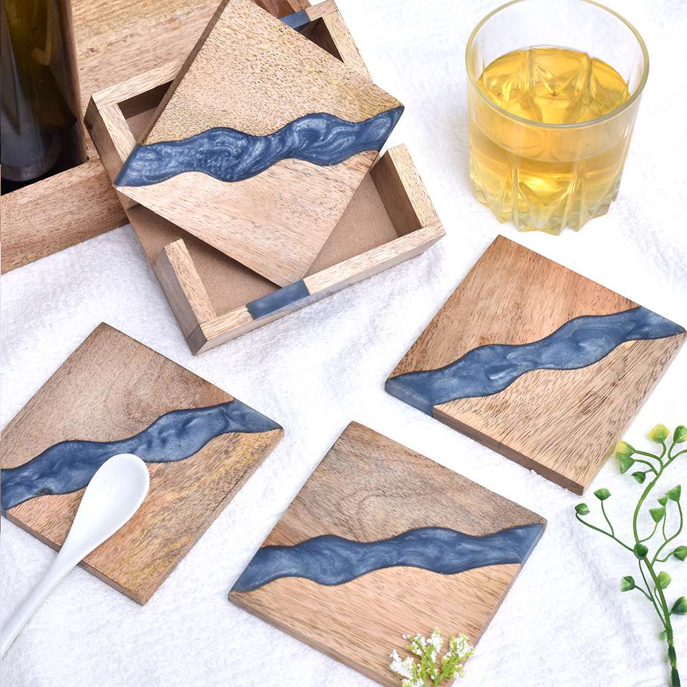 Handmade Prussian Blue Epoxy River and Acacia Wood Set of 4 Decorative Table Coasters with Cover